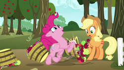 Size: 1280x720 | Tagged: safe, screencap, applejack, pinkie pie, pony, g4, not asking for trouble, apple, apple tree, food, pure unfiltered evil, running, sweet apple acres, tree