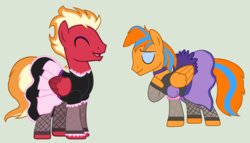 Size: 3204x1828 | Tagged: safe, artist:peregrinstaraptor, oc, oc only, oc:cold front, oc:sunfyre, pegasus, pony, clothes, crossdressing, dress, eyeshadow, fishnet stockings, makeup, male, saloon dress, simple background, smiling, stallion