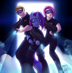 Size: 1265x1280 | Tagged: safe, artist:sugaryviolet, oc, oc only, oc:eris sky, human, pony, unicorn, arm hooves, bipedal, fanfic, fanfic art, gun, hoof hold, weapon