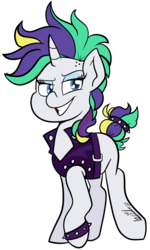 Size: 2665x4439 | Tagged: safe, artist:befishproductions, rarity, pony, unicorn, g4, it isn't the mane thing about you, alternate hairstyle, clothes, female, mare, punk, raripunk, signature, simple background, smiling, solo, transparent background
