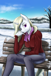 Size: 1200x1800 | Tagged: safe, artist:d-lowell, oc, oc only, oc:winthria siriusa, unicorn, anthro, anthro oc, bench, blonde, blonde hair, blonde mane, clothes, coat, commission, female, head tilt, looking at you, mare, mountain, outdoors, pants, purple, resting, scarf, sitting, sky, smiling, smirk, snow, sweater, tree, white coat, winter, wintherai, yoga pants