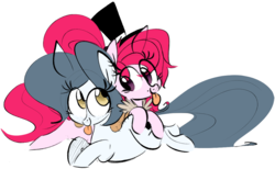 Size: 1129x696 | Tagged: safe, artist:hattsy, oc, oc only, oc:hattsy, oc:marshmallow, earth pony, pony, eye contact, female, hat, looking at each other, mare, prone, smiling, tongue out, top hat
