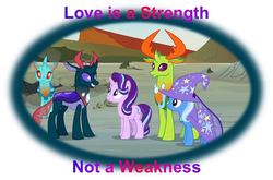 Size: 974x644 | Tagged: safe, cornicle, pharynx, starlight glimmer, thorax, trixie, changedling, changeling, g4, to change a changeling, changedling brothers, king thorax, prince pharynx