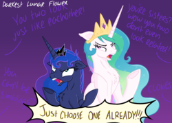 Size: 4823x3445 | Tagged: safe, artist:darkest-lunar-flower, princess celestia, princess luna, alicorn, pony, g4, chest fluff, dialogue, duo, female, floppy ears, gradient background, mare, offscreen character, sisters, underhoof