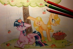 Size: 1709x1152 | Tagged: safe, artist:woonborg, applejack, twilight sparkle, alicorn, earth pony, pony, g4, annoyed, apple, apple tree, applebucking, applejack mid tree-buck facing the right with 3 apples falling down, applejack mid tree-buck with 3 apples falling down, basket, book, cheek fluff, chest fluff, colored pencil drawing, ear fluff, falling, female, floppy ears, food, frown, grass, horn, horn guard, horn impalement, mare, missing accessory, prone, scrunchy face, signature, standing, surprised, traditional art, tree, twilight sparkle (alicorn)