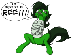 Size: 900x699 | Tagged: safe, artist:ravvij, oc, oc only, oc:anon, oc:filly anon, earth pony, pony, bondage, cheek fluff, derp, female, filly, floppy ears, frown, funny, green, mare, meme, open mouth, reeee, screaming, screech, simple background, sitting, solo, speech bubble, straitjacket, white background, wide eyes, yelling