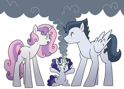 Size: 2522x1805 | Tagged: safe, artist:theroyalartofna, rumble, sweetie belle, oc, oc:stormy, pegasus, pony, unicorn, g4, family, female, filly, male, mare, offspring, older, parent:rumble, parent:sweetie belle, parents:rumbelle, ship:rumbelle, shipping, simple background, smoke, stallion, straight, trio, white background