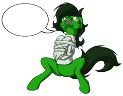 Size: 900x699 | Tagged: safe, artist:ravvij, oc, oc only, oc:filly anon, pony, bondage, cheek fluff, female, filly, funny, green, mane, mare, meme, screaming, simple background, solo, straitjacket, tail, white background, wordbubble, yelling