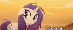 Size: 960x400 | Tagged: safe, screencap, rarity, pony, unicorn, g4, my little pony: the movie, animated, bags under eyes, bone dry desert, cute, desert, exhausted, eyeshadow, female, floppy ears, gif, hair flip, happy, makeup, mare, messy mane, open mouth, outdoors, raised hoof, raribetes, smiling, solo, standing, underhoof, wide eyes, youtube link
