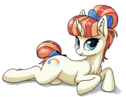 Size: 335x258 | Tagged: safe, artist:shydale, rainbow stars, pony, unicorn, g4, triple threat, background pony, bow, cute, female, flockmod, hair bow, looking at you, mare, prone, solo