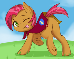 Size: 2500x2000 | Tagged: safe, artist:fearingfun, babs seed, earth pony, pony, g4, :p, adorababs, cape, clothes, cloud, cute, female, filly, foal, high res, looking at you, looking back, one eye closed, sky, smiling, solo, tongue out, wink