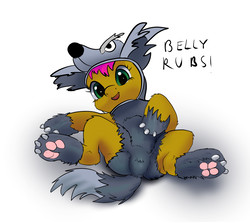 Size: 1553x1389 | Tagged: safe, artist:hexado, babs seed, earth pony, pony, g4, adorababs, animal costume, bellyrubs, big babs wolf, clothes, costume, cute, wolf costume