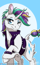 Size: 900x1440 | Tagged: safe, artist:inuhoshi-to-darkpen, rarity, classical unicorn, pony, unicorn, g4, it isn't the mane thing about you, alternate hairstyle, bracelet, clothes, cloven hooves, female, fluffy, horn, jacket, jewelry, leather jacket, leonine tail, mare, mohawk, one eye closed, punk, raripunk, smiling, solo, spiked wristband, studded bracelet, unshorn fetlocks, wink, wristband