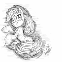 Size: 2000x2000 | Tagged: safe, artist:jadedjynx, applejack, earth pony, pony, g4, cowboy hat, female, hat, high res, looking at you, looking back, monochrome, solo