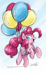 Size: 800x1280 | Tagged: safe, artist:jadedjynx, pinkie pie, earth pony, pony, g4, balloon, female, floating, mare, signature, sky, smiling, solo, then watch her balloons lift her up to the sky