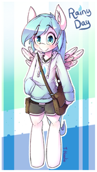 Size: 891x1573 | Tagged: safe, artist:hoodie, oc, oc only, oc:rainy day, pegasus, pony, semi-anthro, bag, bipedal, clothes, ear fluff, hoodie, looking at you, male, shirt, shorts, smiling, stallion, wings