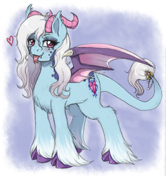 Size: 1237x1309 | Tagged: source needed, safe, artist:evomanaphy, oc, oc only, oc:nova crystal, pony, succubus pony, blushing, cloven hooves, doodle, eyeshadow, fangs, female, forked tongue, heart, horns, lidded eyes, looking at you, makeup, mare, sketch, smiling, solo, succubus oc, tongue out, unshorn fetlocks