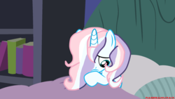 Size: 1996x1124 | Tagged: safe, artist:katnekobase, artist:ragesamuraix, oc, oc only, alicorn, pony, alicorn oc, base used, bed, blanket, book, bookshelf, frown, looking down, pillow, request, sad, signature, solo