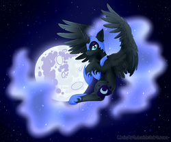 Size: 3000x2479 | Tagged: safe, artist:umieart, nightmare moon, alicorn, pony, g4, female, flying, high res, looking at you, mare, mare in the moon, moon, night, solo, wallpaper