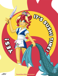 Size: 720x937 | Tagged: safe, artist:texasuberalles, sonata dusk, sunset shimmer, puffer fish, siren, equestria girls, g4, abuse, alternate hairstyle, apron, blushing, clothes, cutie mark background, dead, duo, female, happi, imminent death, implied murder, implied sonata dusk, knife, looking at you, offscreen character, smiling, sonatabuse, spike the pufferfish, standing, sunset sushi, this will end in sushi, toy interpretation, uniform
