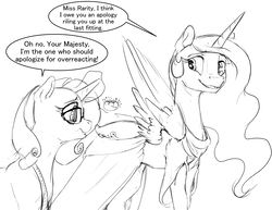 Size: 2640x2040 | Tagged: safe, artist:silfoe, part of a set, princess celestia, rarity, pony, royal sketchbook, g4, clothes, dialogue, dress, grayscale, high res, monochrome, part of a series