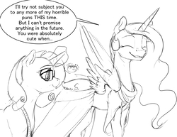 Size: 2640x2040 | Tagged: safe, artist:silfoe, part of a set, princess celestia, rarity, pony, royal sketchbook, g4, clothes, dialogue, dress, grayscale, high res, monochrome, part of a series