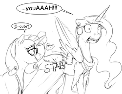 Size: 2640x2040 | Tagged: safe, artist:silfoe, part of a set, princess celestia, rarity, pony, royal sketchbook, g4, clothes, dialogue, dress, grayscale, high res, literal butthurt, monochrome, pain, part of a series, this will end in tears and/or a journey to the moon