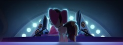 Size: 1921x707 | Tagged: safe, screencap, songbird serenade, pegasus, pony, g4, my little pony: the movie, bow, butt, female, hair bow, mare, plot, rainbow (song), songbutt serenade, speaker, stage