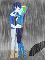 Size: 768x1024 | Tagged: safe, artist:ilaria122, rainbow dash, soarin', equestria girls, g4, boots, clothes, equestria girls-ified, eyes closed, female, high heel boots, high heels, hug, kissing, male, rain, ship:soarindash, shipping, shoes, stockings, straight, thigh highs, umbrella