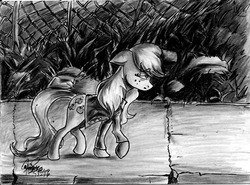 Size: 2096x1552 | Tagged: safe, artist:mannybcadavera, applejack, earth pony, pony, g4, clothes, exhausted, female, freckles, grayscale, mare, monochrome, sidewalk, signature, solo, walking