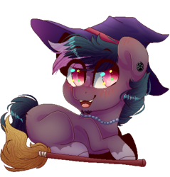 Size: 433x453 | Tagged: safe, artist:skimea, oc, oc only, earth pony, pony, blushing, broom, chibi, ear blush, flying, flying broomstick, hat, jewelry, male, necklace, pixel art, prone, simple background, smiling, solo, stallion, transparent background, witch hat
