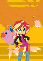 Size: 2248x3215 | Tagged: safe, artist:pyrus-leonidas, sunset shimmer, bird, birdramon, biyomon, equestria girls, g4, clothes, crossover, digidestined, digimon, female, high res, leg rings, orange background, simple background