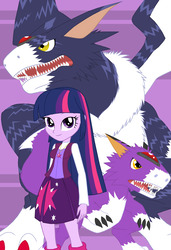 Size: 2102x3072 | Tagged: safe, artist:pyrus-leonidas, twilight sparkle, dorumon, equestria girls, g4, crossover, digidestined, digimon, dorugamon, female, high res, purple background, simple background