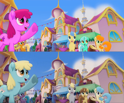 Size: 1920x1600 | Tagged: safe, edit, edited screencap, screencap, apple cobbler, apple fritter, berry punch, berryshine, bunny moon, caramel apple, coral shell, goldengrape, lyra heartstrings, nougat praliné, sir colton vines iii, symphonia melody, earth pony, pony, unicorn, g4, my little pony: the movie, official, apple family member, background pony, canterlot, comparison, female, heart, hoof heart, male, mare, recolor, stallion, trailer, underhoof, unnamed character, unnamed pony, wat
