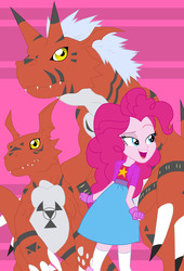 Size: 2279x3350 | Tagged: safe, artist:pyrus-leonidas, pinkie pie, growlmon, guilmon, equestria girls, g4, crossover, digidestined, digimon, female, high res, male, pink background, simple background