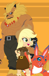 Size: 2109x3256 | Tagged: safe, artist:pyrus-leonidas, applejack, big cat, elecmon, leomon, lion, anthro, equestria girls, g4, belt, clothes, crossover, digidestined, digimon, ear piercing, earring, female, high res, jewelry, male, orange background, pants, piercing, simple background