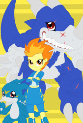 Size: 2211x3271 | Tagged: safe, artist:pyrus-leonidas, spitfire, veedramon, veemon, equestria girls, g4, crossed arms, crossover, digidestined, digimon, female, high res, male, simple background, yellow background