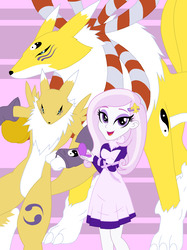 Size: 2437x3263 | Tagged: safe, artist:pyrus-leonidas, fleur-de-lis, fox, kyuubimon, renamon, anthro, equestria girls, g4, crossover, digidestined, digimon, female, high res, pink background, simple background, yin-yang