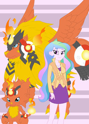 Size: 2328x3252 | Tagged: safe, artist:pyrus-leonidas, princess celestia, principal celestia, equestria girls, g4, clothes, coronamon, crossover, digidestined, digimon, female, firamon, fire, high res, multicolored hair, pink background, praise the sun, purple eyes, simple background, skirt, smiling