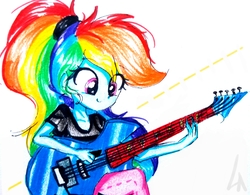 Size: 2445x1904 | Tagged: safe, artist:liaaqila, rainbow dash, equestria girls, g4, clothes, female, guitar, pants, practicing, simple background, smiling, solo, traditional art, white background