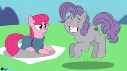 Size: 2560x1440 | Tagged: safe, artist:rupert, maud pie, pinkie pie, earth pony, pony, series:30 dayz of pinks, g4, alternate hairstyle, eyes closed, female, happy, mare, maudie pie, palette swap, personality swap, pinkamena diane pie, prone, pronking, recolor, smiling, when she doesn't smile, when she smiles