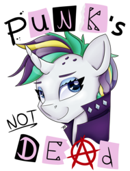 Size: 3797x5000 | Tagged: safe, alternate version, artist:partypievt, rarity, pony, unicorn, g4, it isn't the mane thing about you, absurd resolution, alternate clothes, alternate hairstyle, anarchy, bust, clothes, design, diamonds, eyeshadow, female, jacket, looking away, looking up, makeup, portrait, punk, punk's not dead, raripunk, shirt design, short hair, simple background, smiling, smirk, solo, studs, text, transparent background