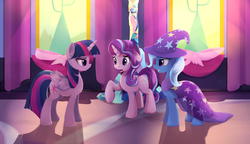 Size: 1980x1138 | Tagged: safe, artist:scootiebloom, starlight glimmer, trixie, twilight sparkle, alicorn, pony, unicorn, g4, no second prances, brooch, cape, clothes, counterparts, eyebrows, female, folded wings, grin, hat, horn, indoors, jewelry, looking at each other, looking at someone, magical trio, mare, open mouth, raised hoof, scene interpretation, smiling, trio, trio female, trixie's brooch, trixie's cape, trixie's hat, twilight sparkle (alicorn), twilight's counterparts, wings