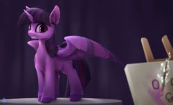 Size: 2004x1219 | Tagged: dead source, safe, artist:noctilucent-arts, twilight sparkle, alicorn, pony, g4, canvas, cute, female, fluffy, mare, paintbrush, painting, pose, smiling, solo, spread wings, twilight sparkle (alicorn), updated, wings