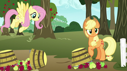 Size: 1280x720 | Tagged: safe, screencap, applejack, fluttershy, pony, g4, not asking for trouble, apple, basket, food, sweet apple acres