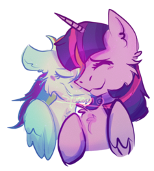 Size: 972x1082 | Tagged: safe, artist:squeeesh, rainbow dash, twilight sparkle, alicorn, pegasus, pony, g4, :3, cheek fluff, chest fluff, ear fluff, eyes closed, female, folded wings, lesbian, mare, nuzzling, ship:twidash, shipping, simple background, smiling, smirk, transparent background, twilight sparkle (alicorn)