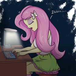 Size: 3543x3543 | Tagged: safe, artist:sumin6301, fluttershy, equestria girls, g4, clothes, computer, eyes closed, female, high res, lamp, laptop computer, open mouth, sitting, skirt, sleeping, solo, story in the comments, tank top, teenager, zzz