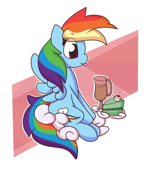 Size: 1700x1980 | Tagged: safe, artist:hedgehog-plant, rainbow dash, pegasus, pony, g4, abstract background, cake, cloud, cup, cute, dashabetes, female, food, mare, on a cloud, sitting, smiling, solo, spread wings, tongue out, wings