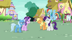 Size: 1280x720 | Tagged: safe, screencap, applejack, fluttershy, rainbow dash, rarity, starlight glimmer, trixie, changeling, g4, to where and back again, disguise, disguised changeling, fake applejack, fake fluttershy, fake rainbow dash, fake rarity