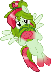 Size: 4000x5640 | Tagged: safe, artist:pilot231, oc, oc only, oc:watermelana, pony, food, freckles, gradient hooves, hug, looking at you, on back, simple background, solo, transparent background, vector, watermelon